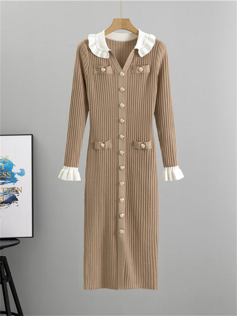 Winter Knitwear V-neck Maxi Dress Female Ruffled High Waist Cardigan Ribbed Sweater Party Dress ’s Knit Dress