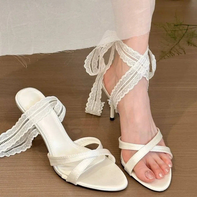 Lace Pointed Toe Heeled Sandals Stilettos Shoes Woman Slippers Slingback Summer Dress Pumps Zapatillas