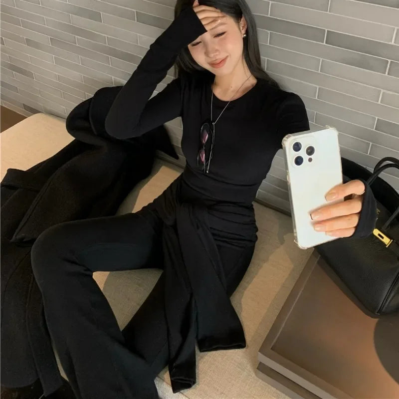 Autumn New Laceup Color Wide Leg Pants + Slim Longsleeved Tshirt Twopiece Suit