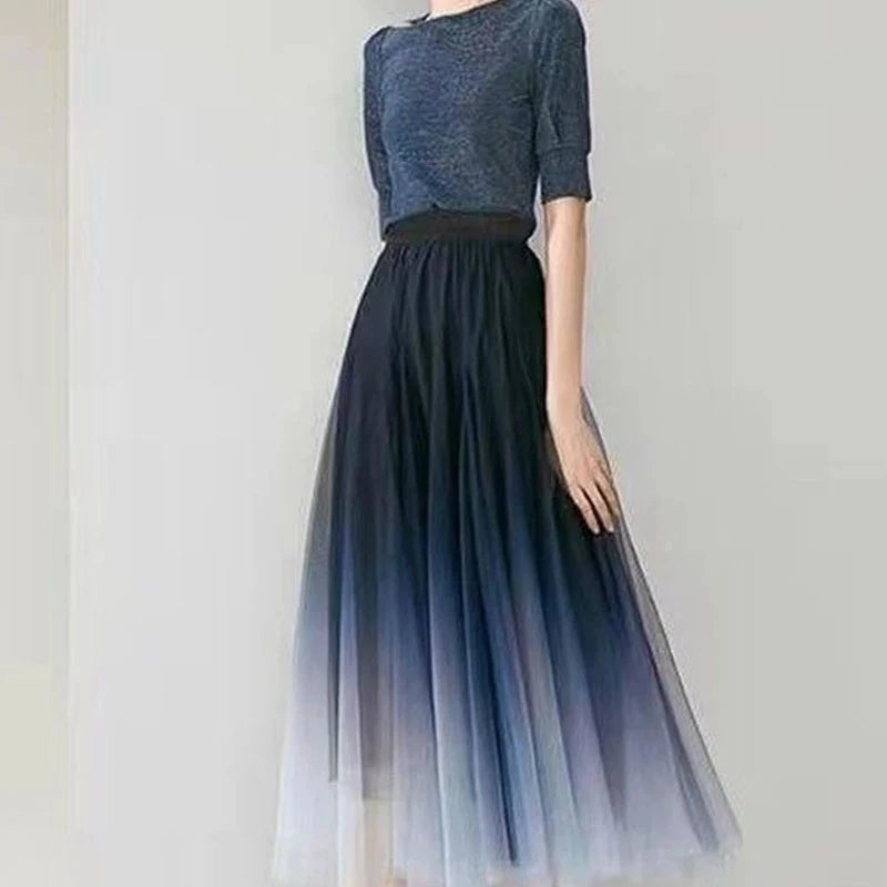 Tulle Skirts High Waist Gradient Mesh Pleated Midi Skirt Korean Elastic Loose All Match a Line Skirt