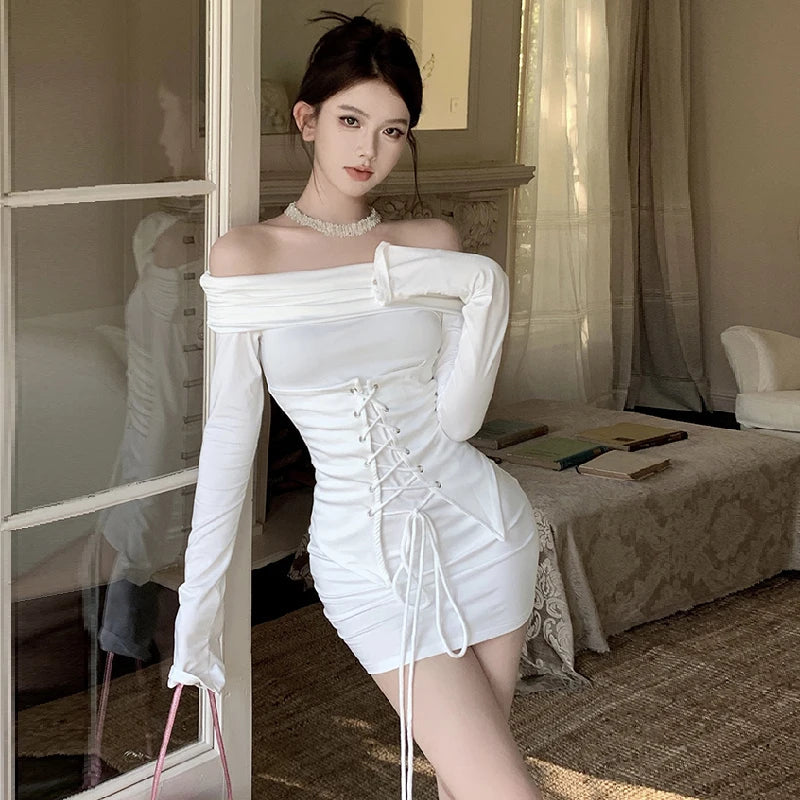 Mini Dresses Bandage Slash Neck Off Shoulder Long Sleeve Backless Slim Party Dress Clubwear