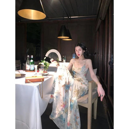 French Style Highend Dress for New Summer Unique Evening Party Dresses Printed Chiffon Suspender Long Dress.