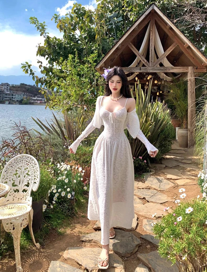 Twopiece Dress Set White Lace Corset Maxi Dress With Long Sleeve Cover Up Fairycore Look