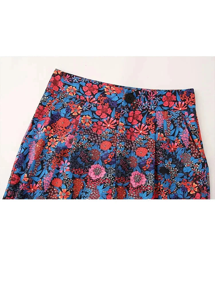 2 Piece Set Printed Lace Up Blouse Top Oneck Short Sleeve Tshirt Loose High Waist Wide Leg Pant