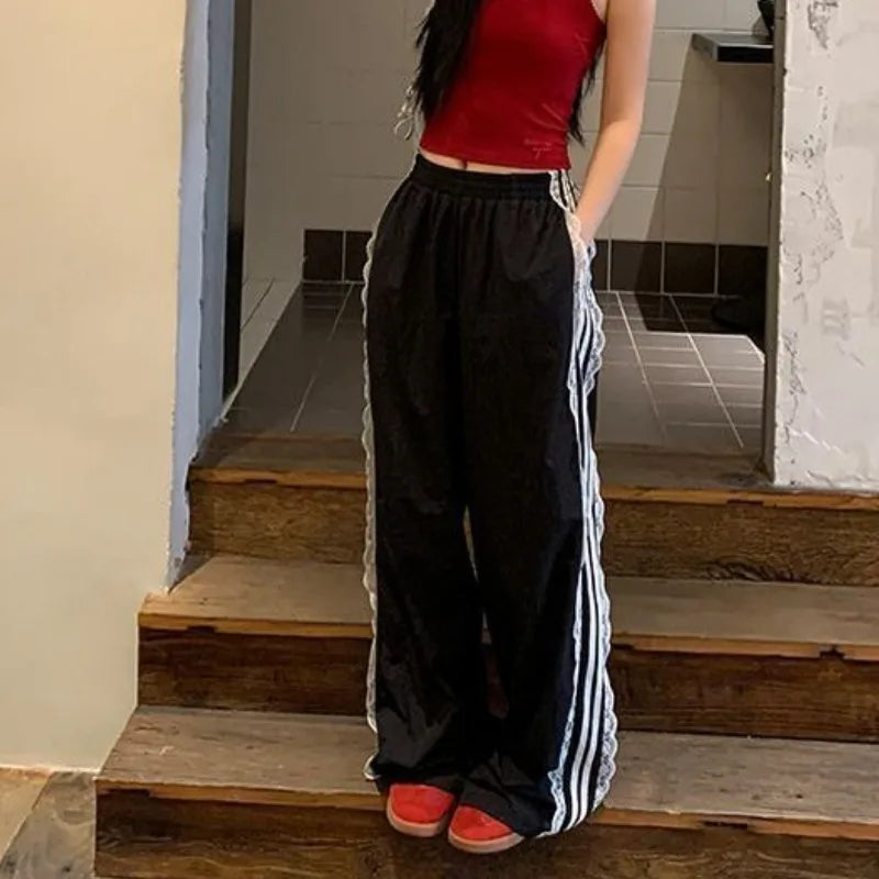Striped Black Sports Pants Baggy Patchwork Lace Wide Leg Jogging Trousers Summer Korean Sweatpants