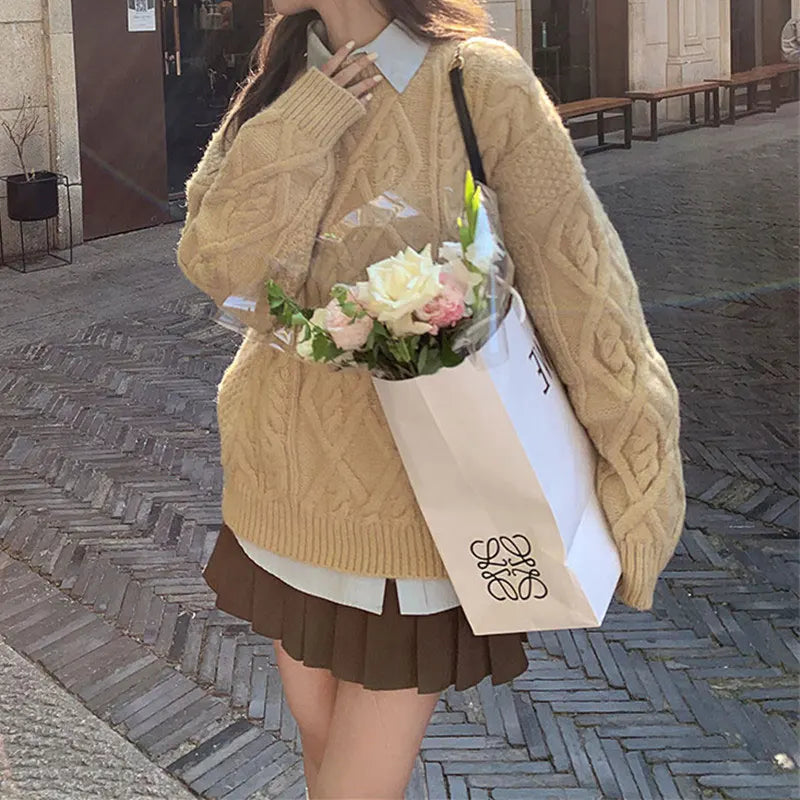 Thick Twisted Sweater Autumn Long Sleeve O-neck Female Knitted Pullover Loose Lady Kintwear Tops