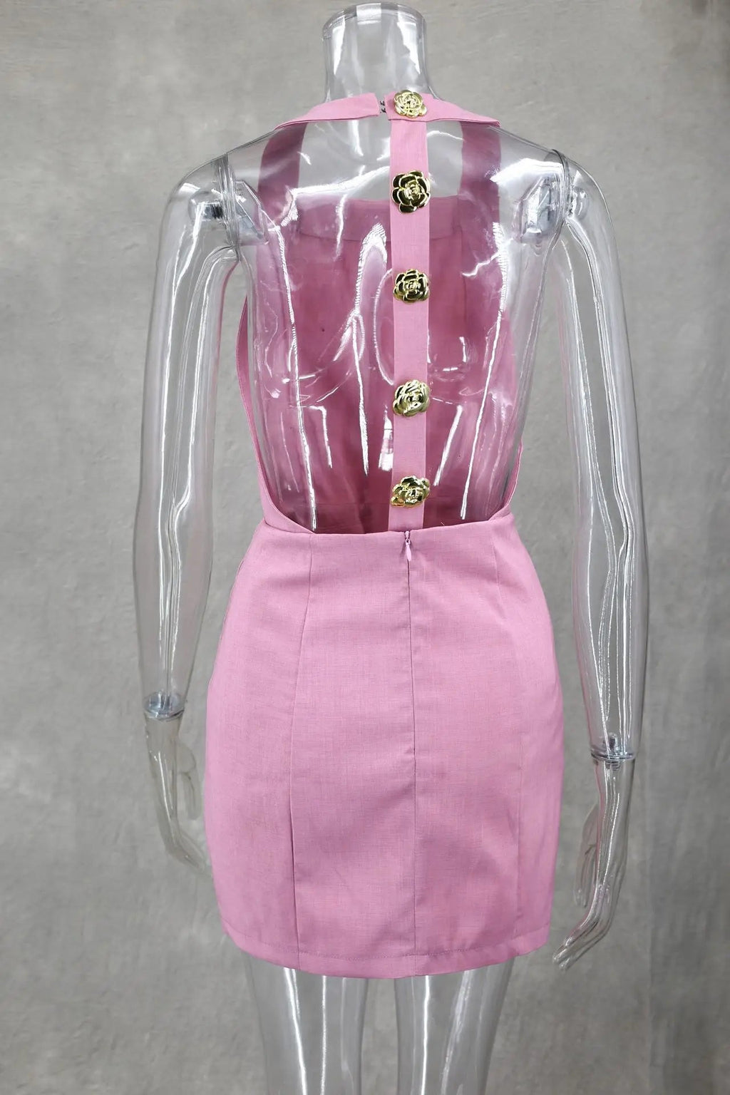 Pink Halter Hallow Out Backless Mini Dress New Sleeveless Slim Gold Button Dresses Lady Party Vestidos