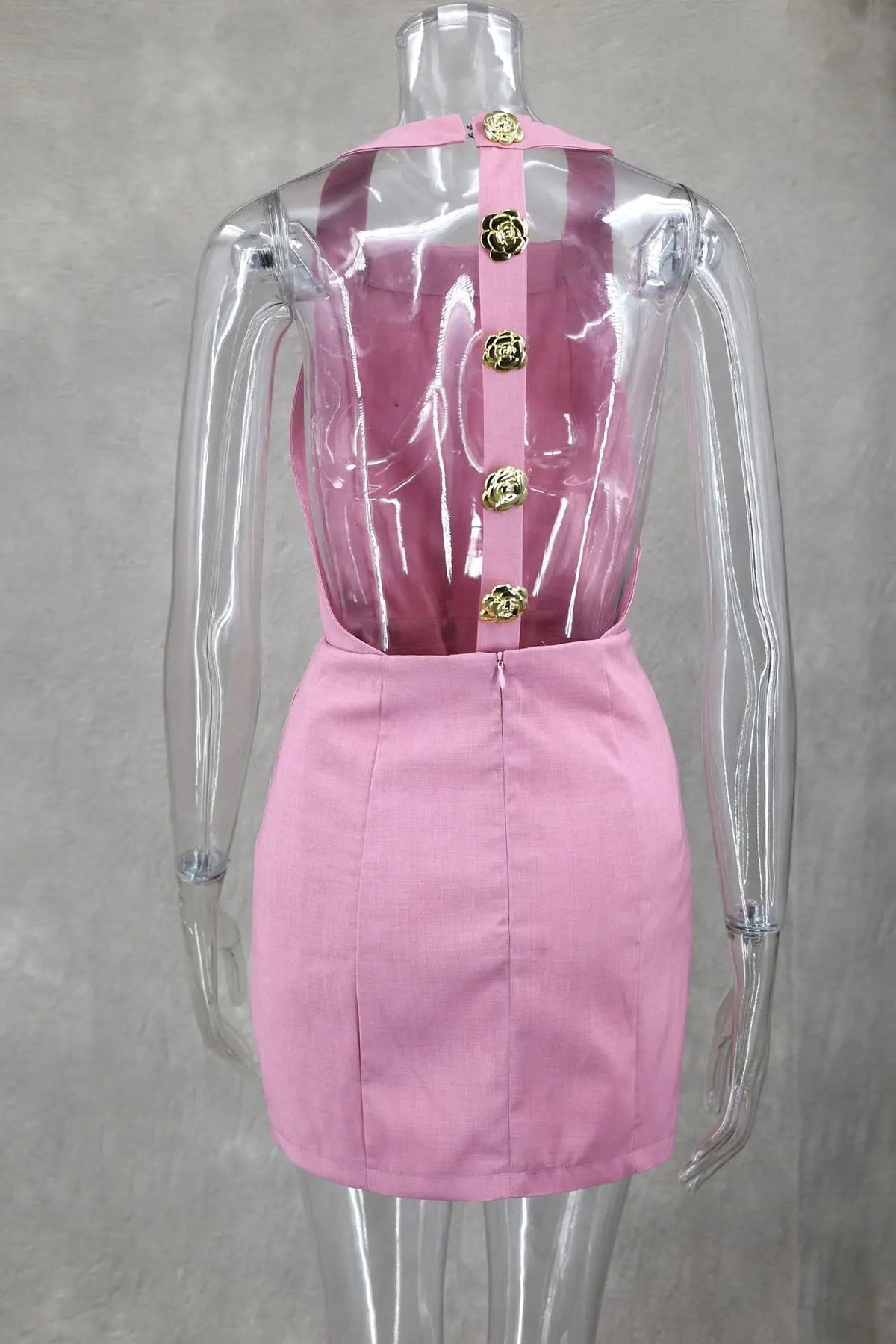 Pink Halter Hallow Out Backless Mini Dress New Sleeveless Slim Gold Button Dresses Lady Party Vestidos