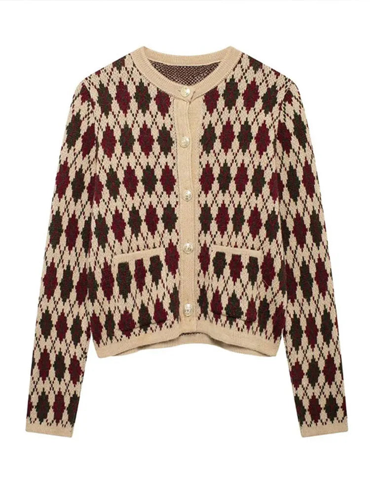Check Plaid Knitted Cardigans Single Breasted Loose Sweaters Long Sleeve Coats Winter Lady Tops