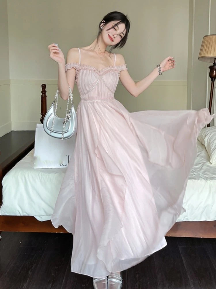 Summer Sweet Pink Fairy Chiffon Midi Dress Korean Onepiece Aline Vestidos Female Clothing Mujers