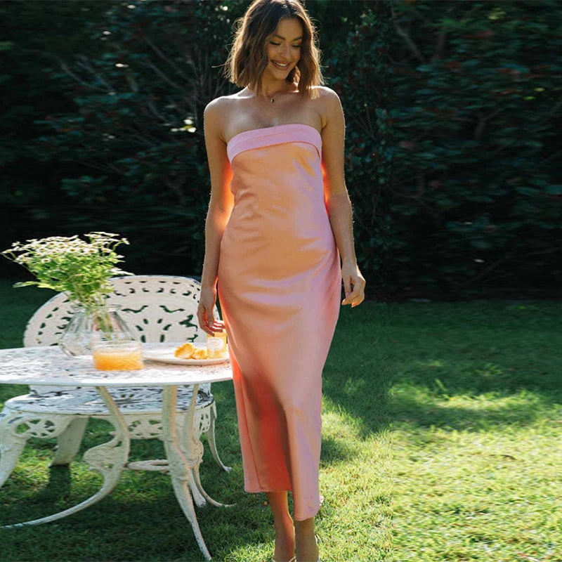 Kylethomasw Backless Strapless Dress Sleeveless Green Satin Party Dresses Summer Robes High Waist Long Dress
