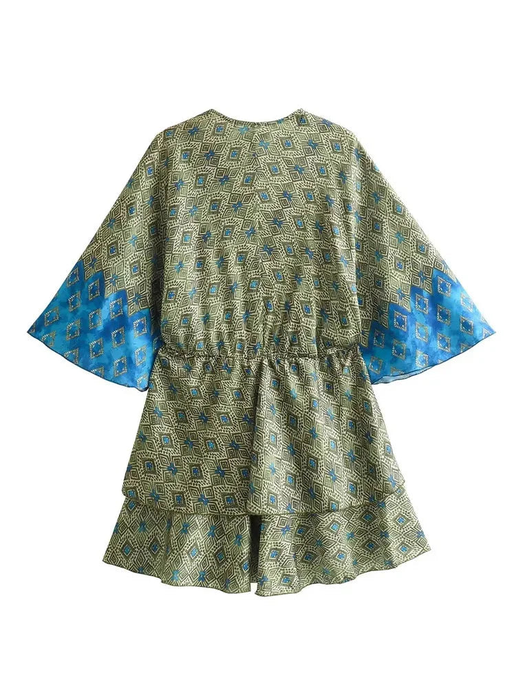 Summer Woman Print Vneck Mini Dress Short Sleeve Lace Up Dresses Female Slim Flounce Dress