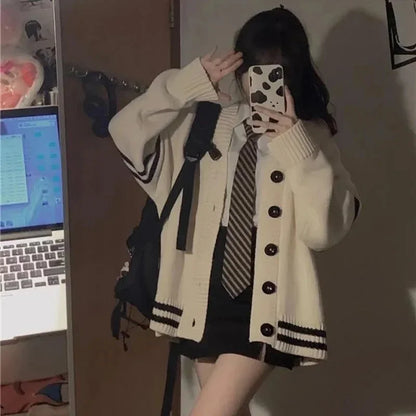 Striped Loose Cardigan Y2k Autumn Winter Single Breasted Sweater Korean Female Knitted Coat
