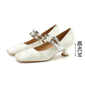 New Designer High Heels Silk Square Toe Dress Shoes Female Comfort Belt Buckle Low Heel Shoes