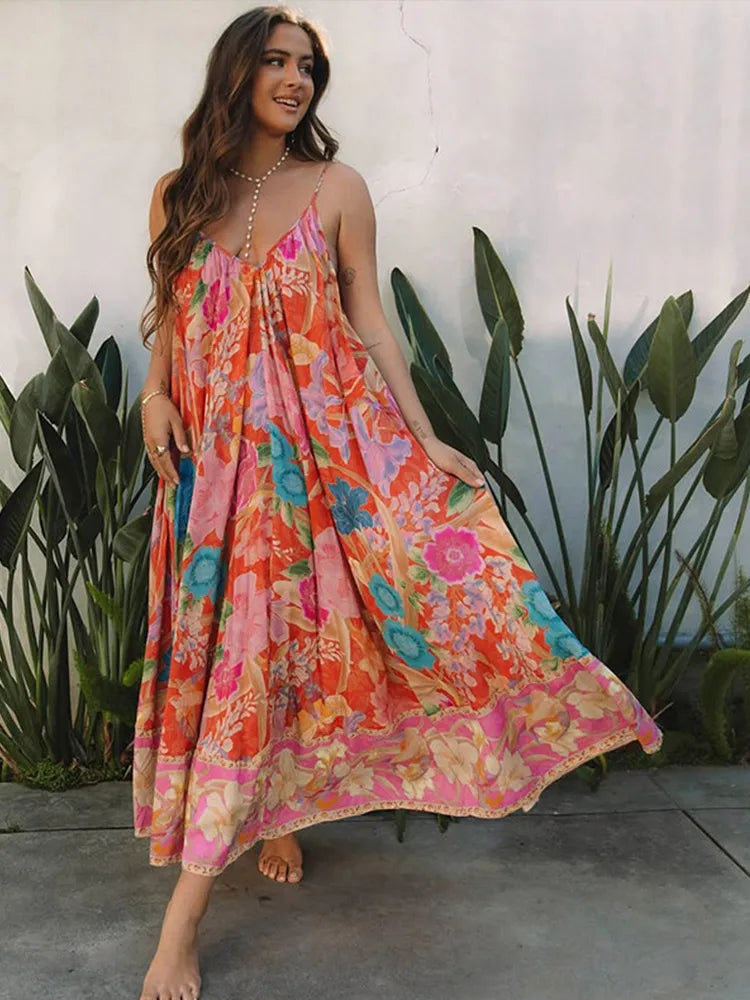 Loose Printed V-neck Sling Dresses Retro Printing Sleeveless Backless Long Dress Female Spring Street Beach Holiday