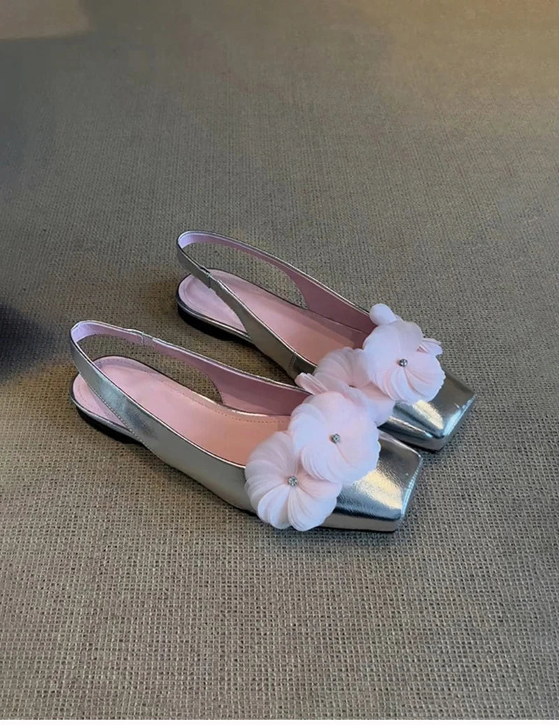 Summer Flower Mules Sandals Square Toe Slip on Singbacks Shoes Dress Flats Sandalias