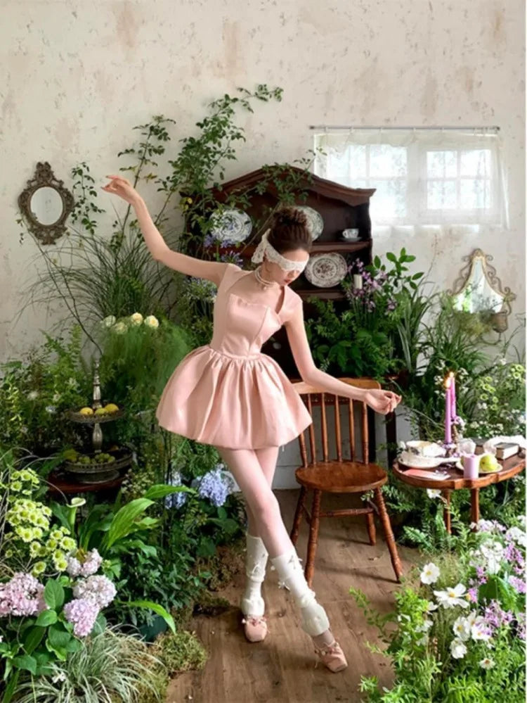Woman Dress Sweet Sleeveless Bud Ball Gown Square Collar Slim Mini Dresses Party Temperament