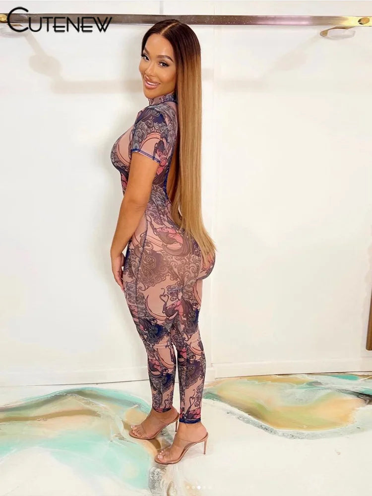 ’s Printed Jumpsuit Short-sleeves Fitness One Piece Sporty Attirewear Overalls Spring New