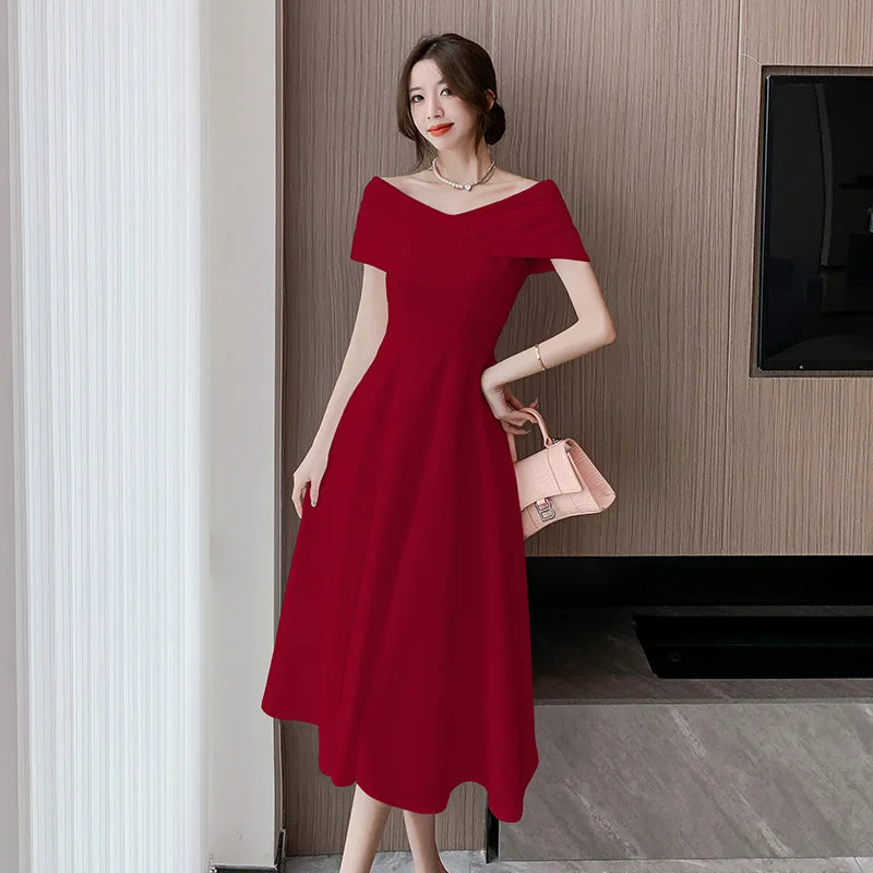 White Midi Dresses for Classy Summer Short Sleeve Vneck Blackless Long Dress Red Bodycon Party Evening Dress
