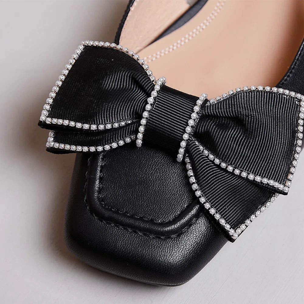 Genuine Leather Slingback Slipon Flats Sandals Square Toe Sweet Bowtie Korean Style Summer Flats Sandalias Shoes