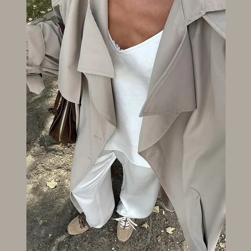 Trench Coat Lace Up Turn-down Collar Lady Long Jackets Autumn Winter Female Street Outwear New