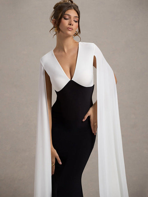 Patchwork Sleeveless Ribbon Bodycon Party Evening Dress Winter V-neck Tight Long Dress Vestido