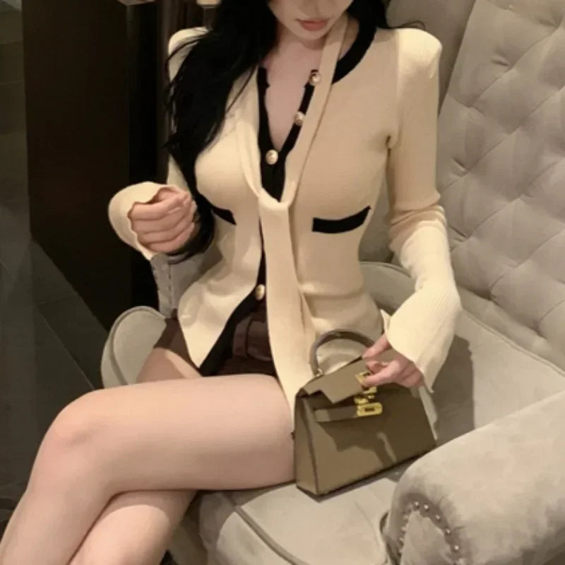Korean Singlebreasted Tie Longsleeved Cardigan Spring New High Street Contrast Color Patchwork Knitted Tops