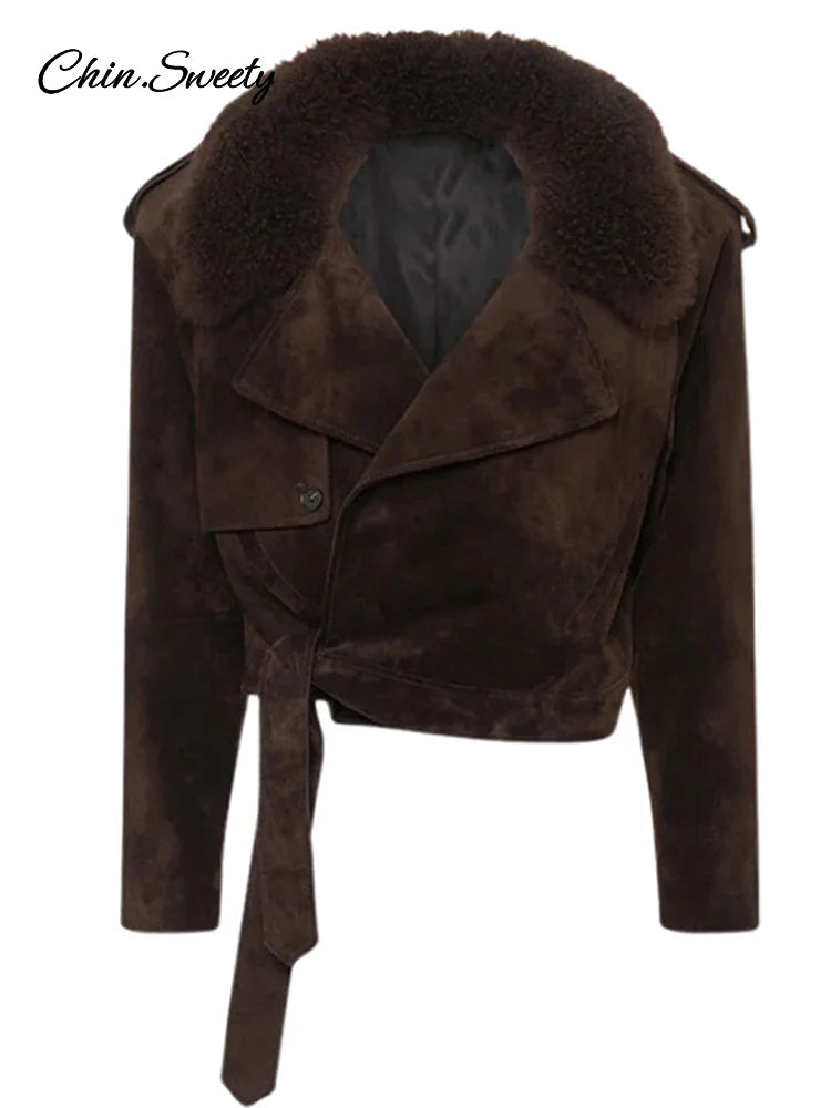 Cropped Suede Jacket Lapel Fur Collar Lace Up Long Sleeve Coat Female Winter Lady High Street Outwear