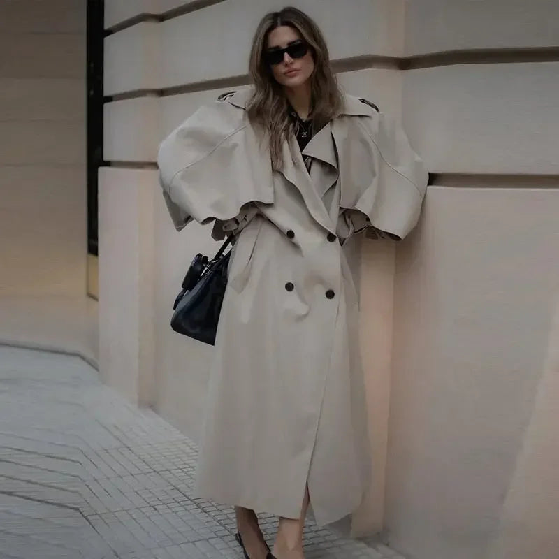 Trench Coat Lace Up Turn-down Collar Lady Long Jackets Autumn Winter Female Street Outwear New
