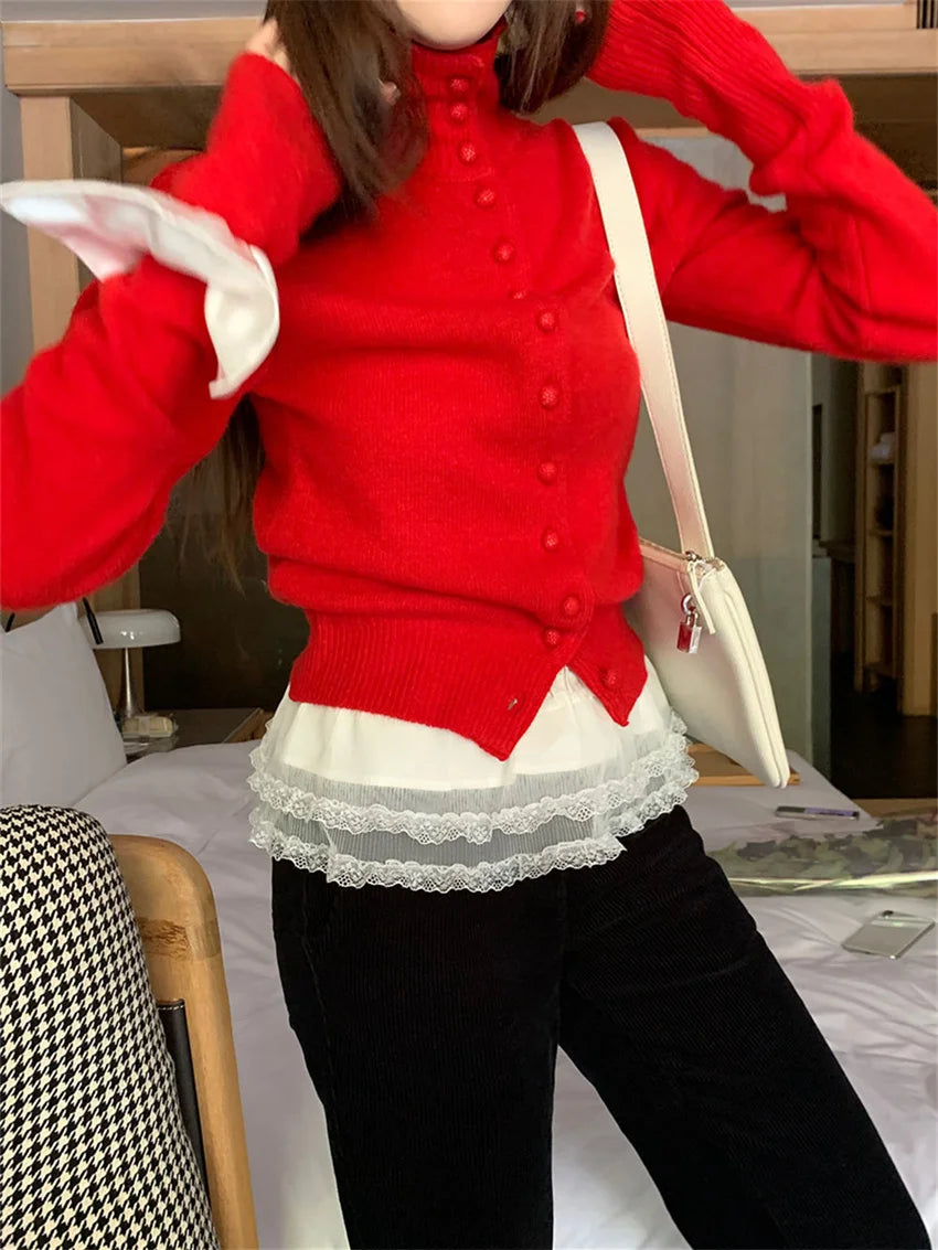 Red Sweaters Knitted Loose Daily All Match Autumn Cardigans New Gentle Sweet