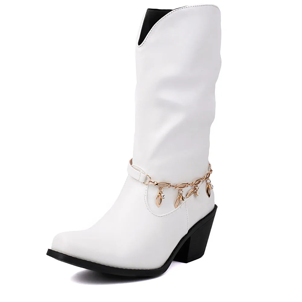 Big Size 43 Square Toe Square Toe Mid Calf Boots Metal Chain Autumn/winter Party Shoes Woman