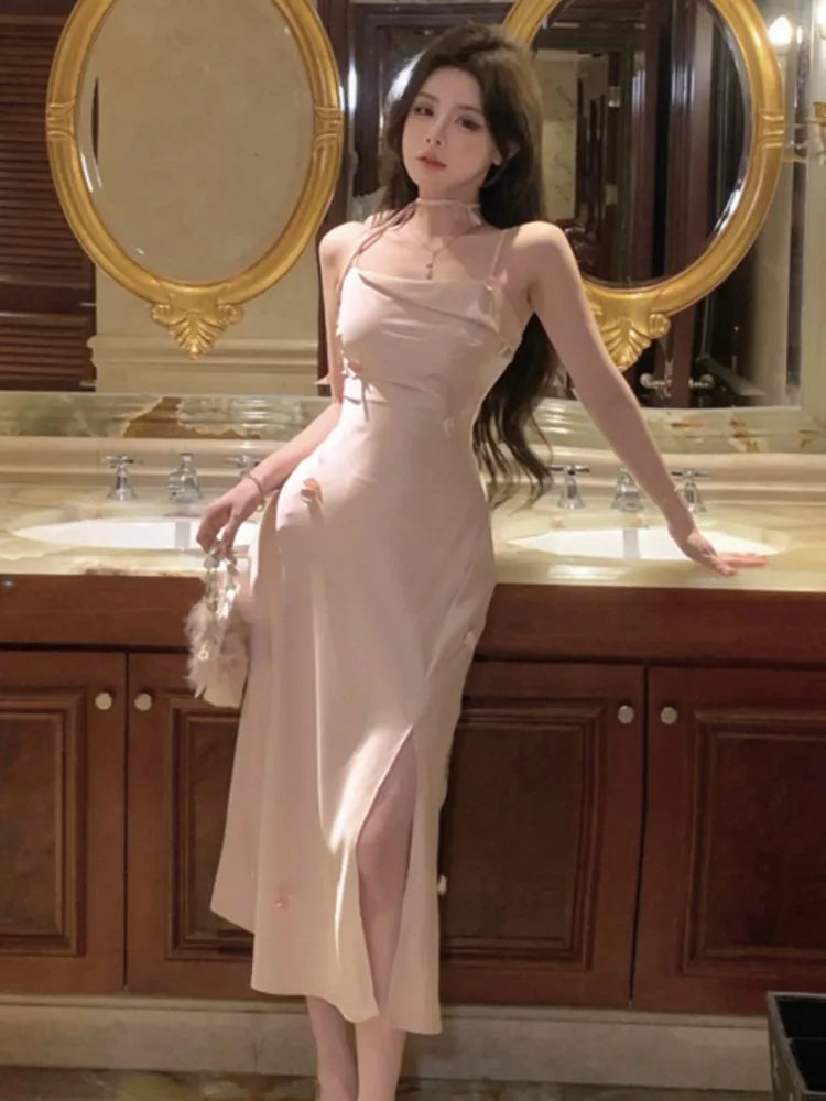 Satin Spaghetti Strap Party Dress Slim Birthday Evening Prom Midi Dress Female High Waist Split Vestidos New
