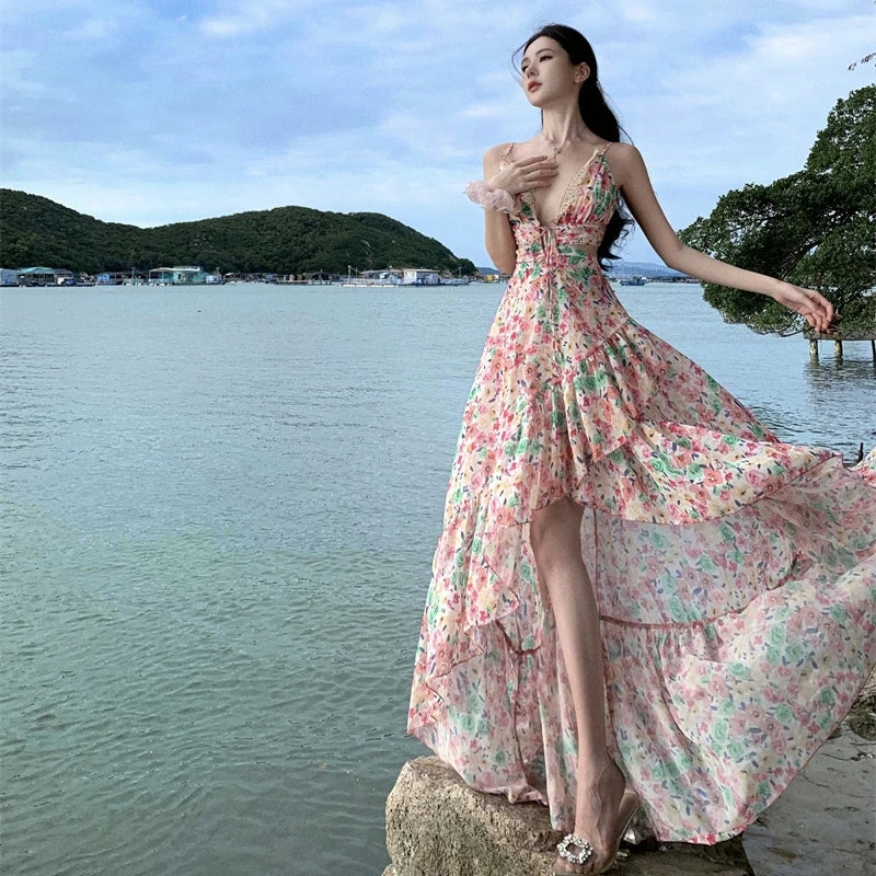 Sweet Hot Girl Pink Dress Spring/summer Holiday Backless Halter Aline Long Dress Female Clothes