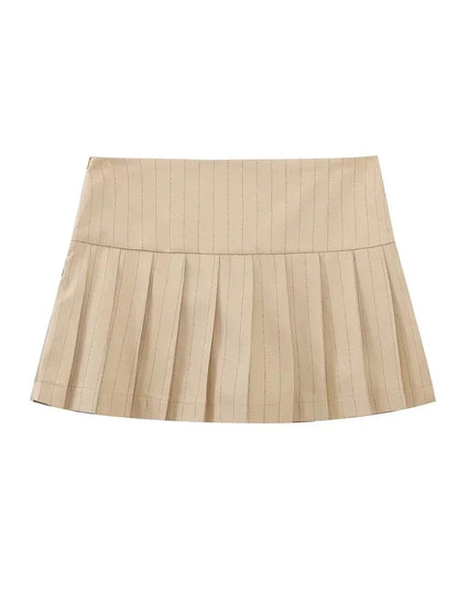 Summer Woman Stripe Slim Mini Skirts Side Zipper Stripe Skirt Low Waist Pleated Skirt With Lining Shorts