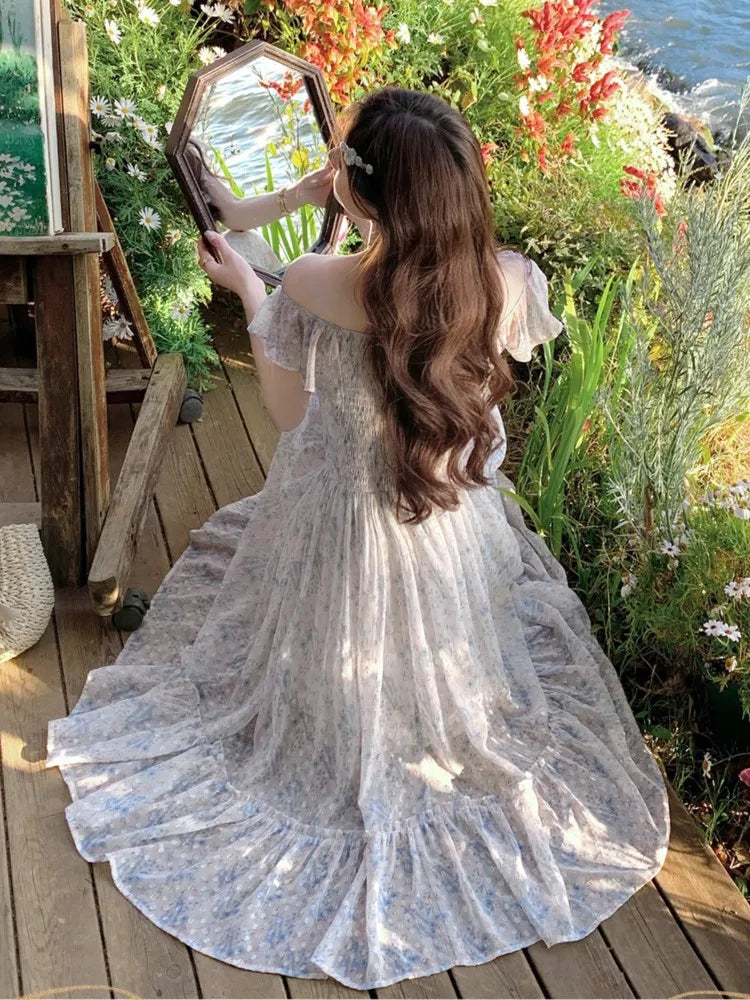 Princess Dresses Print Off Shoulder Slash Neck Fairy Birthday Party Midi Dress Beach Aline Vestidos New