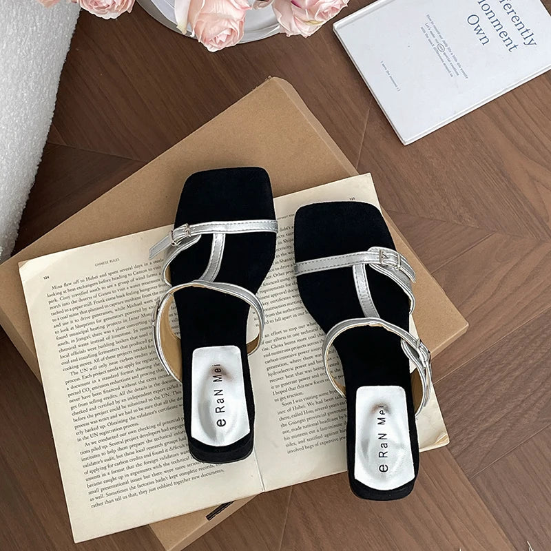 Summer Open Toe Slippers Thick Heel Beach Vacation Slides Party Dress Shoes