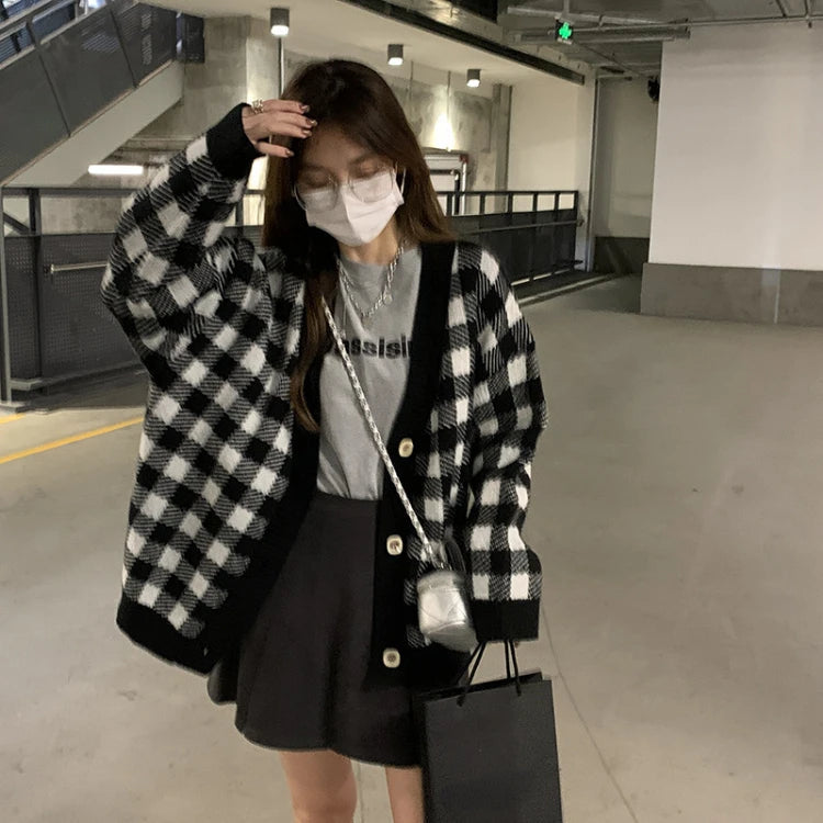 Harajuku Sweet Chessboard Grid Knitted Cardigan Autumn Loose Long Sleeve Sweater Y2k Grunge Single Breasted Cardigans