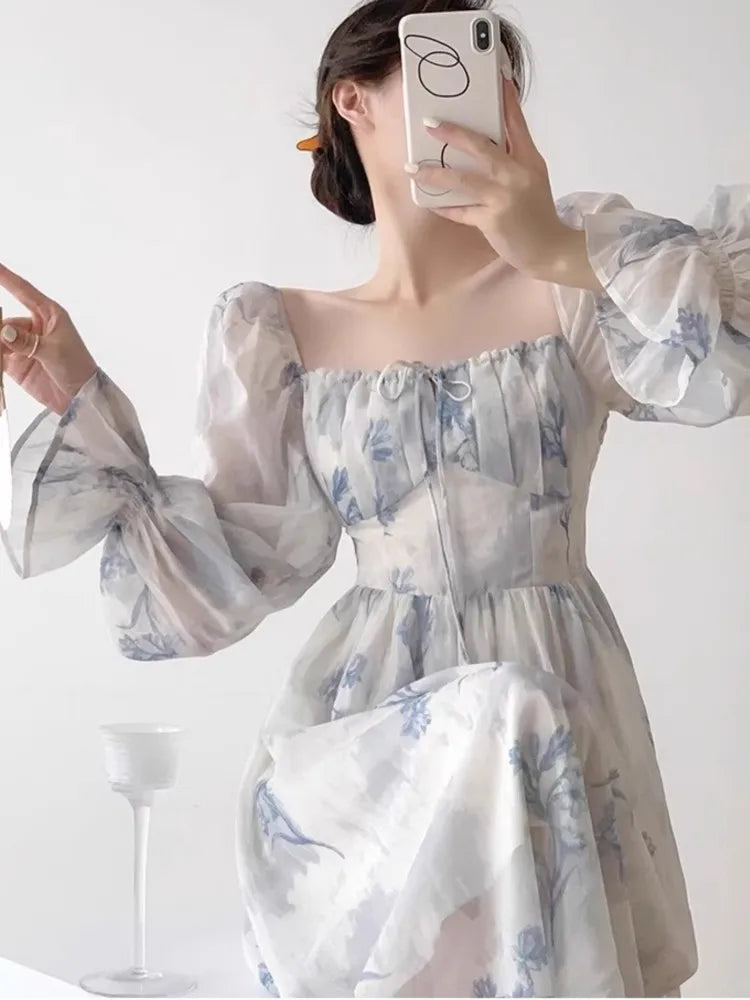 Autumn Printed Midi Dress Lantern Sleeve Square Collar Slim Waist Vestidos Holiday Outfits