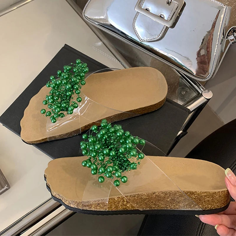 New Green Pearl Designer Slides Transparent Slippers Cozy Wide Open Toe Low Heels Beach Shoes Gladiator Sandals