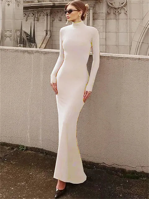 Skinny Turtleneck Backless Maxi Dress ’s Patchwork High Waist Hollow Out Party Dress Female Long Dress