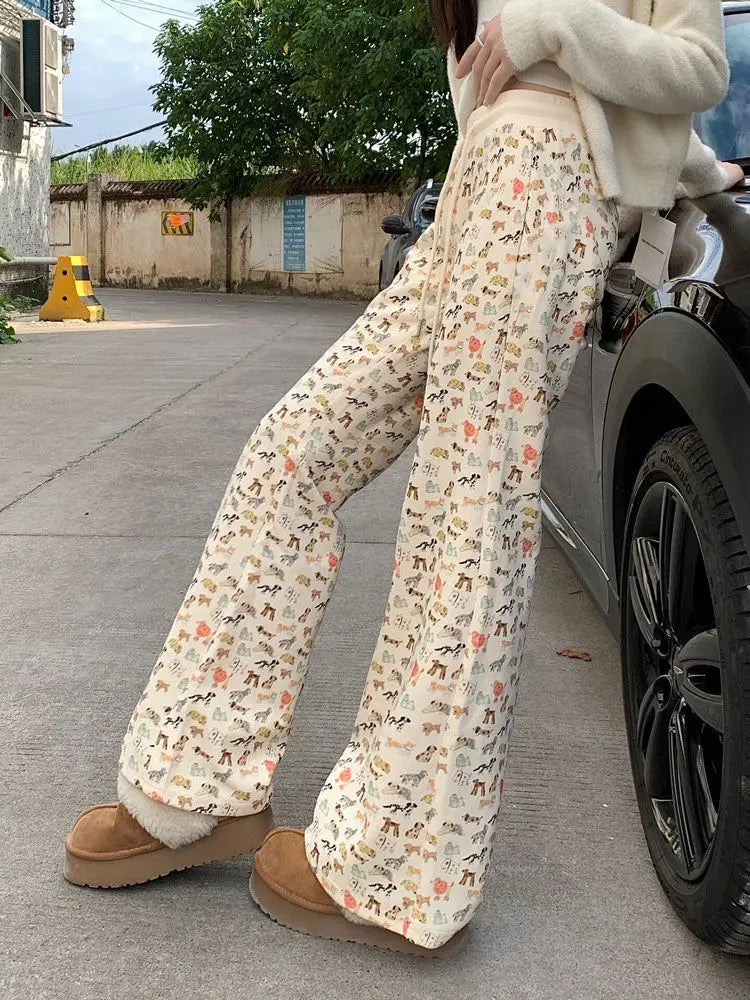 Puppy Print Sweat Y2k Pants Female Autumn Winter Plus Fleece High Waisted Slim Rope Flared Straight Leg Pants