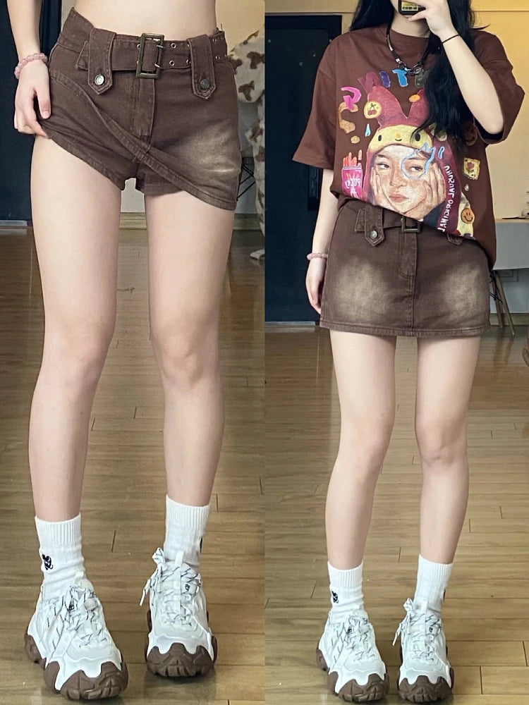 Maillard 2000s Aesthetic Japanese Harajuku Mini Jean Skirt Shorts Gyaru Cyber Punk Design Denim Y2k High Waist