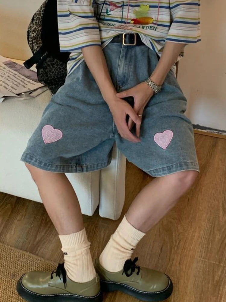 Print Washed Wide Leg Denim Pants Couple Oversized Cropped Baggy Jeans 2000s Y2k Shorts