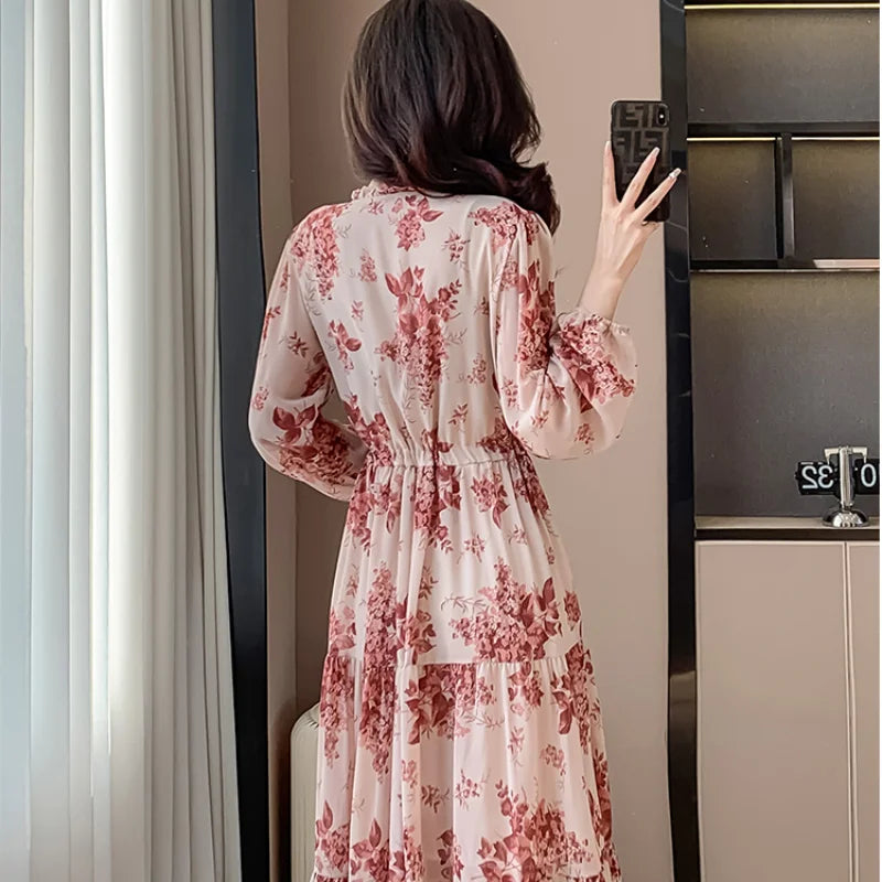 French V Neck Flower Print Chiffon Midi Dress New Spring Long Sleeve Drawstring Waist Holiday Sweet Dress