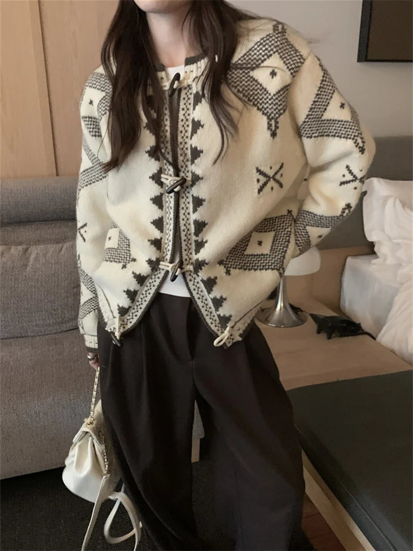 Winter Sweaters Loose Knitwear New Horn Buttons Slim Office Lady Cardigans Daily Coat