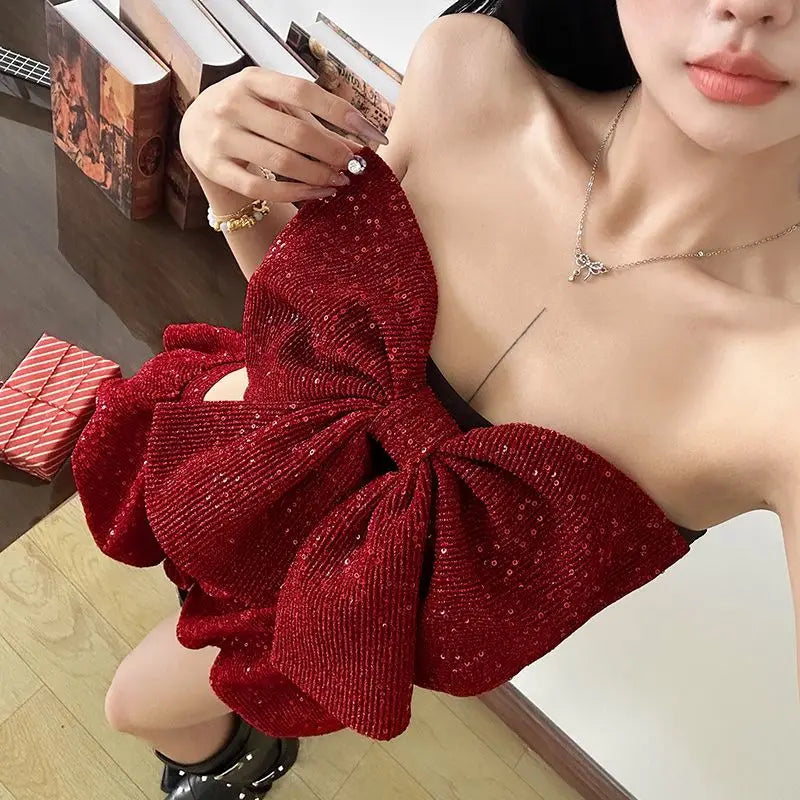 Summer Christmas Hot Girl Bow Strapless Slimming Crop Top Tube Top Shorts Set Spicy Two Piece Sets Outfits