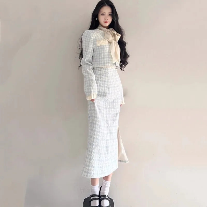Korean Two-piece Skirt Sets Crop Jacket Coat Bodycon Midi Skirt Autumn Winter New Female Outfits