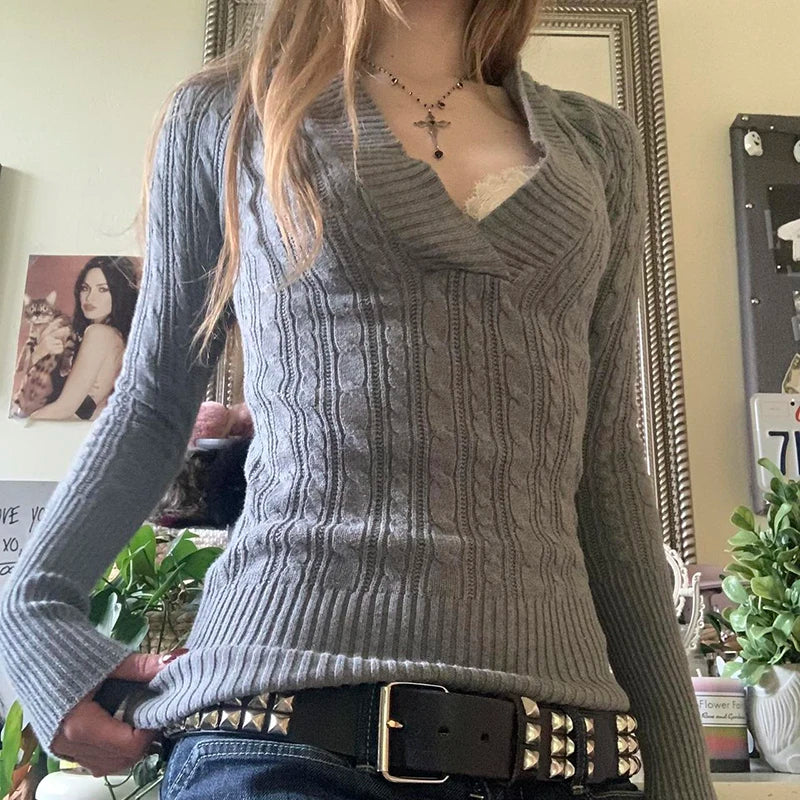 Twist Knit Fitted Sweater Top V Neck With Hooded Long Sleeve Pullovers Knitwear Basic Y2k Outfits