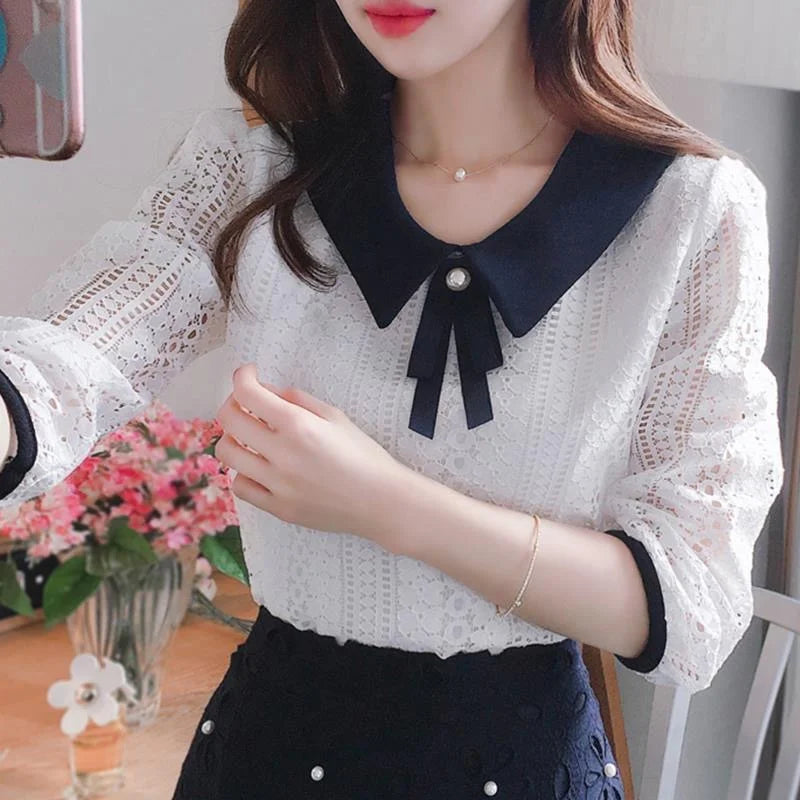 ’s Spring Autumn Style Lace Blouses Shirt Peter Pan Collar Color Half Sleeve Lace Tops Sp8676