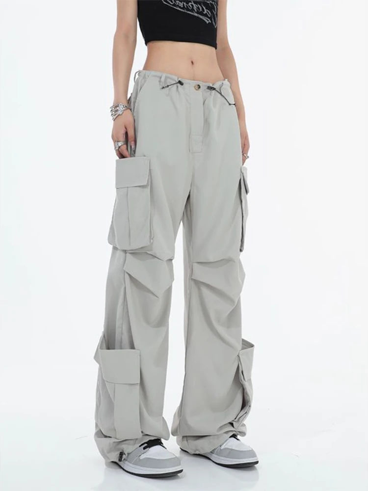 Y2k Cargo Pants Multiple Pocket Patchwork Drawstring Ruched Summer Loose Jogger Wide Leg Pants High Street